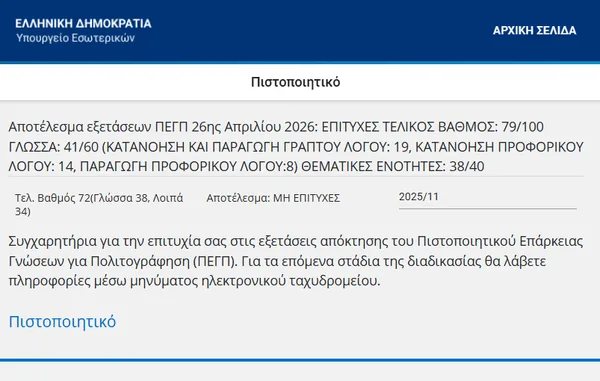 Επίσημο αποτέλεσμα ΠΕΓΠ: επιτυχία με τη δεύτερη προσπάθεια